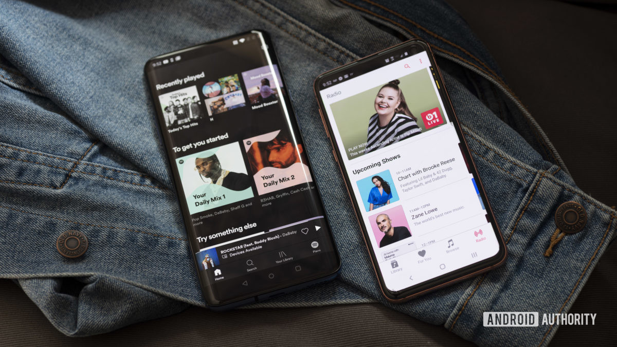 A picture of Apple Music vs Spotify on a OnePlus 7 Pro and Samsung Galaxy S10e, respectively.