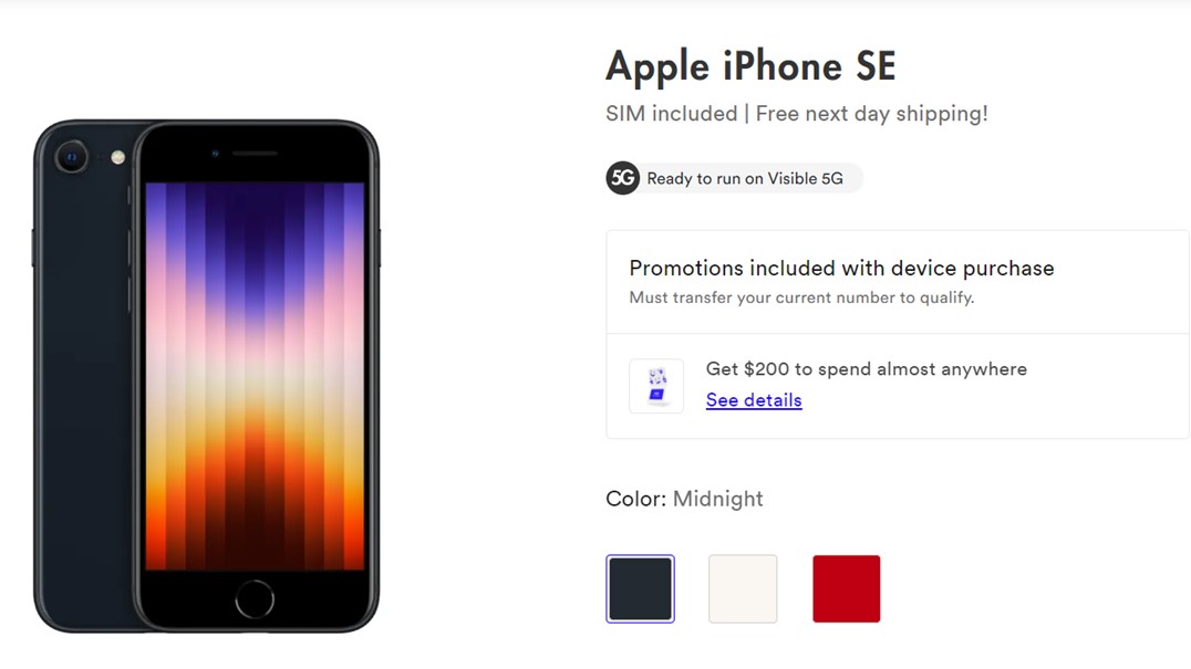 Apple iPhone SE 2022 Visible Gift Card Deal