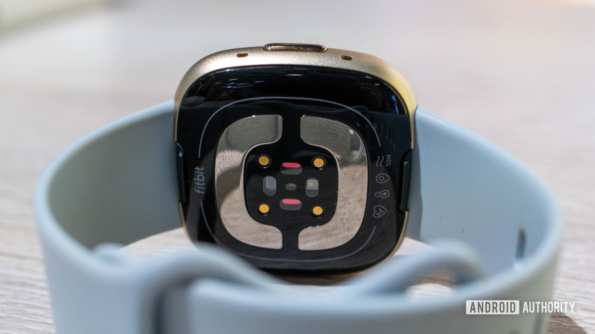 A Fitbit Sense 2 from behind highlights the device's rear sensors.
