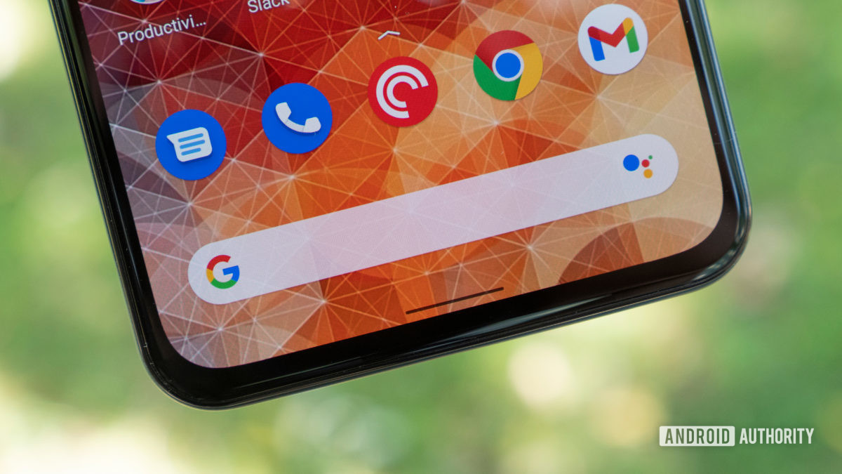 the google pixel 5a home screen showing a close up of the google search bar